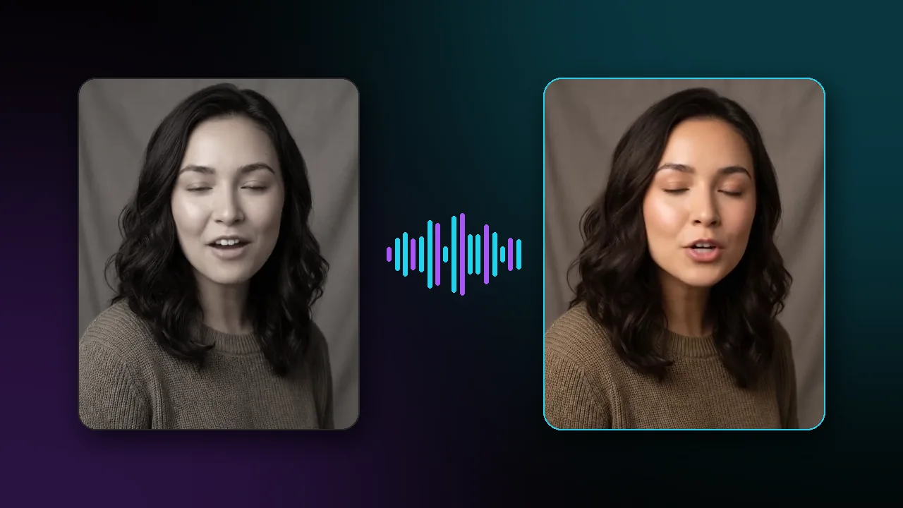 Abstract editorial illustration of a portrait photo connected to a voice waveform and a talking video frame